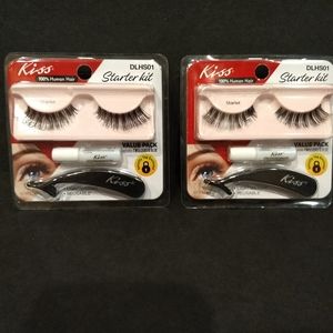 NEW 2 Sets Kiss False Eyelash Starter Kit w/ Glue & Tweezers - Black & Reusa…